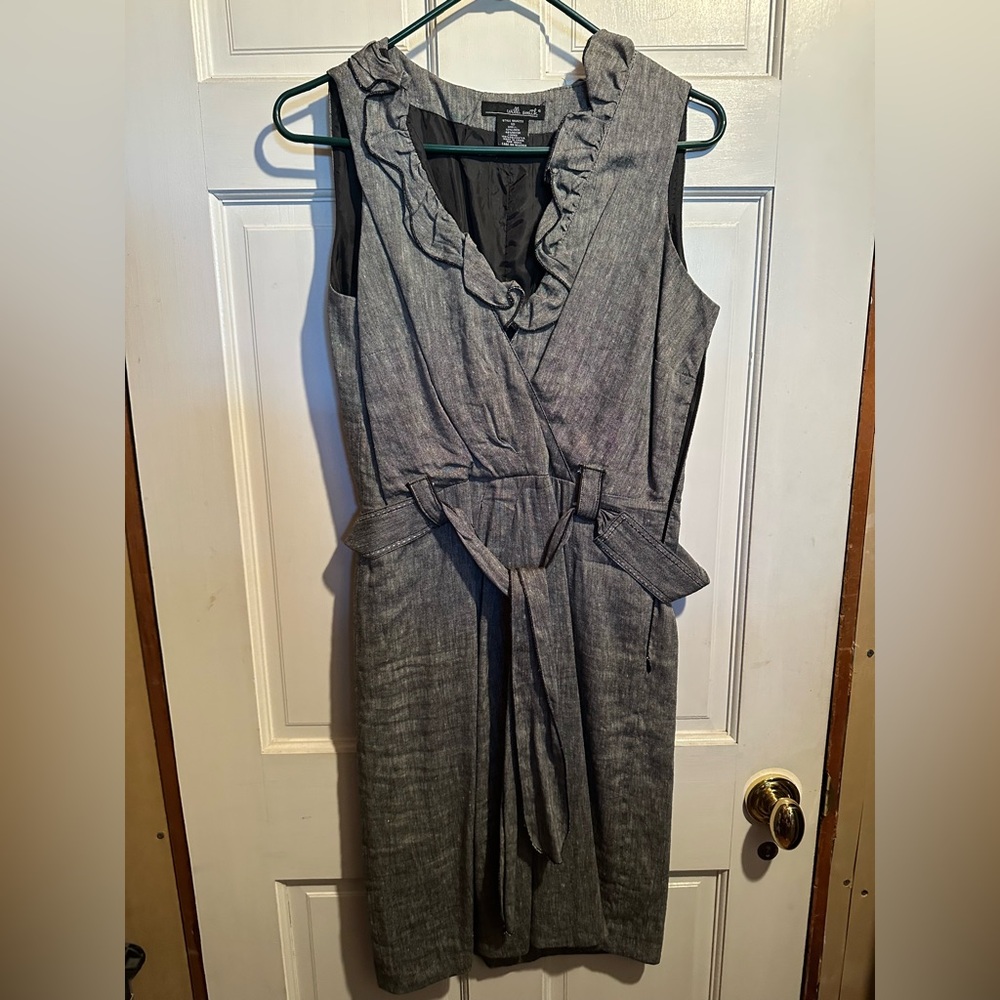 Willi Smith Gray Chambray Belted Dress with Ruffle Collar